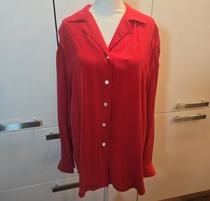 VTG 100% Silk Red Button Down Long Sleeve Blouse Top Womens Size 10 Medium